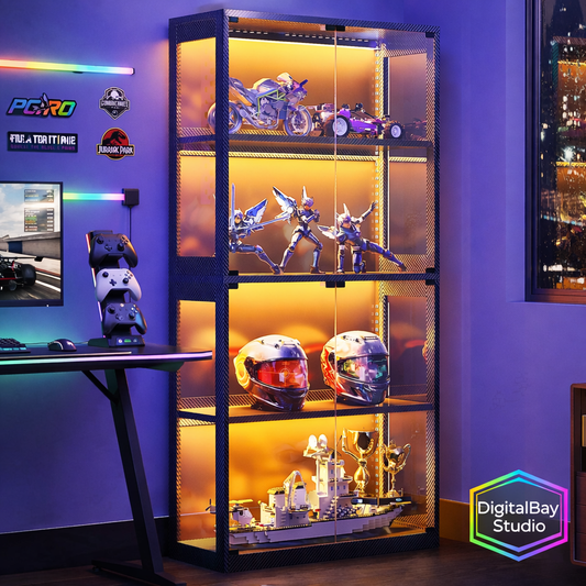 RGB LED Illuminated Display Cabinet - 4 Tier Glass Showcase For Collectibles,Figures, and Memorabilia | Modern Curio Storage Cabinet