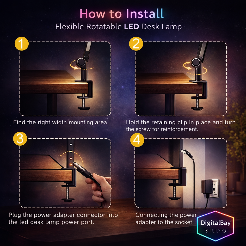 Flexible LED Desk Lamp with Clamp – Adjustable 4-Section Swing Arm, 4 Color Modes & 5 Brightness Levels, Eye-Care Task Light for Office, Reading & Crafting