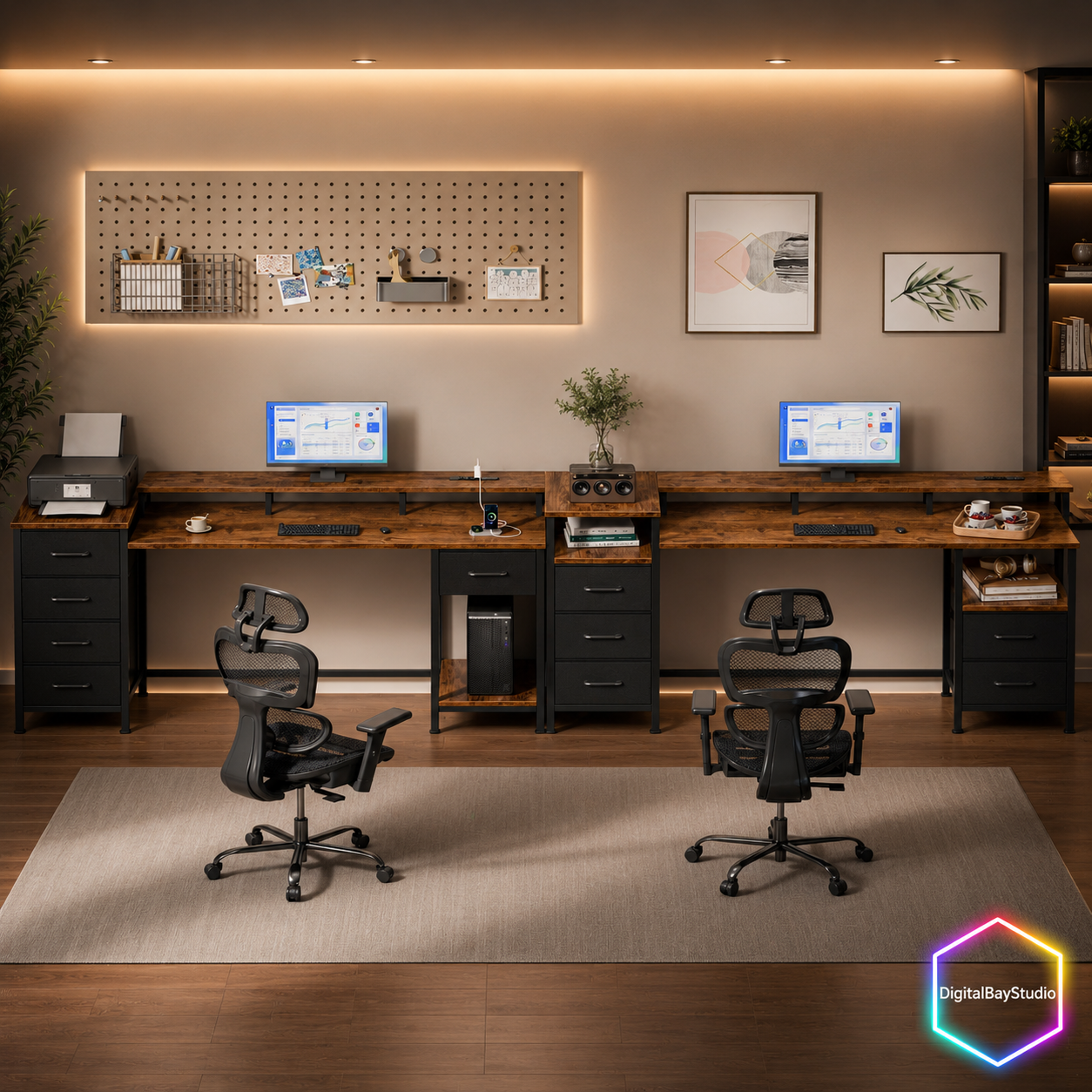 66 Inch Gaming Desk with LED Lights & Power Outlets – Computer Desk with 5 Storage Drawers, Retro Brown
