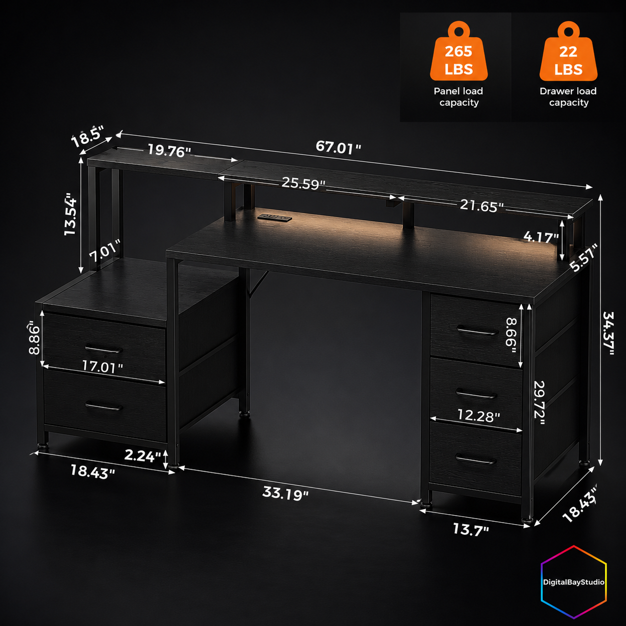 67โ Gaming Desk with RGB LED Lights, Charging Station & 5 Drawers โ Extra Large Gaming Workstation