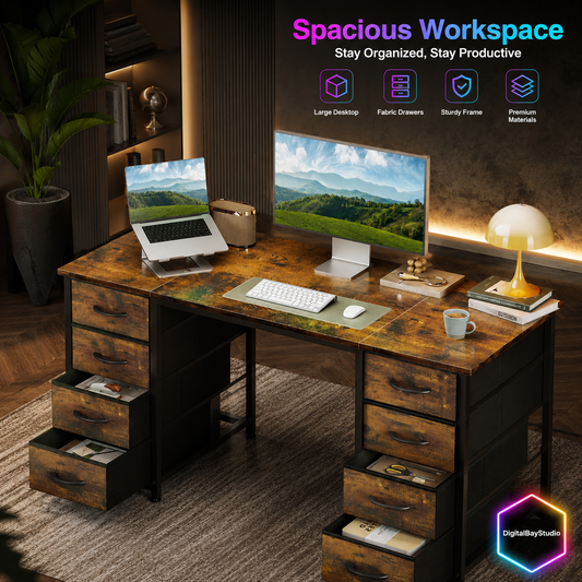 Farmhouse Computer Desk with 8 Fabric Drawers – 48" Study & Work Desk with Storage