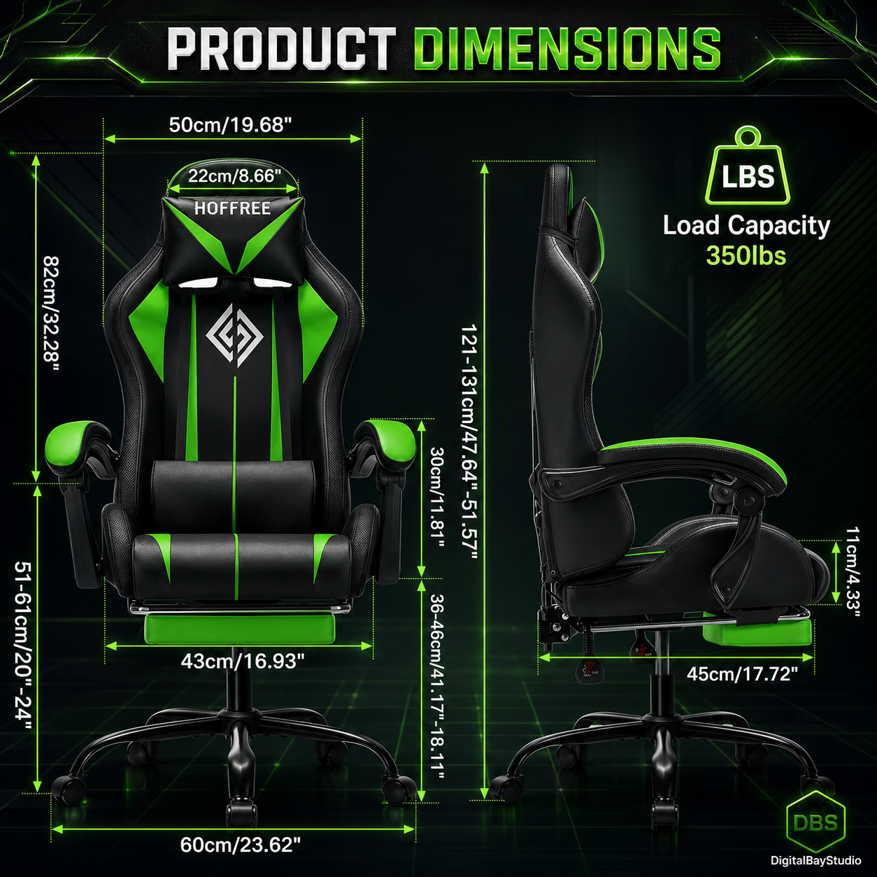 350lb Heavy Duty RGB Gaming Chair โ LED Massage Gamer Chair with Footrest & High Back Support