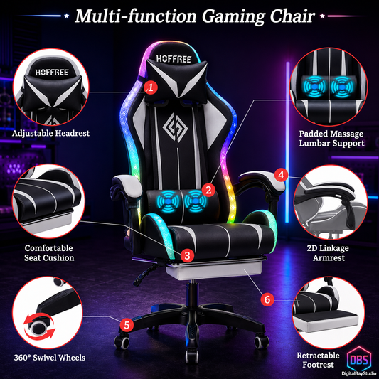 Massage Gaming Chair with Bluetooth Speakers – RGB Ergonomic Computer Chair with Footrest