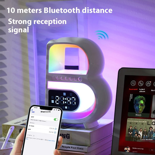 RGB Bluetooth Speaker Lamp with Wireless Charging – B-Shaped Smart LED Music Rhythm Light, Alarm Clock, TF Card & AUX Bedside Table Lamp
