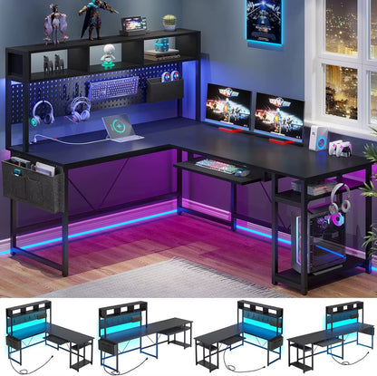 67" L-Shaped Gaming Desk with LED Lights & Power Outlet – Reversible Computer Corner Desk with Pegboard Storage for Home Office & Gaming Setup