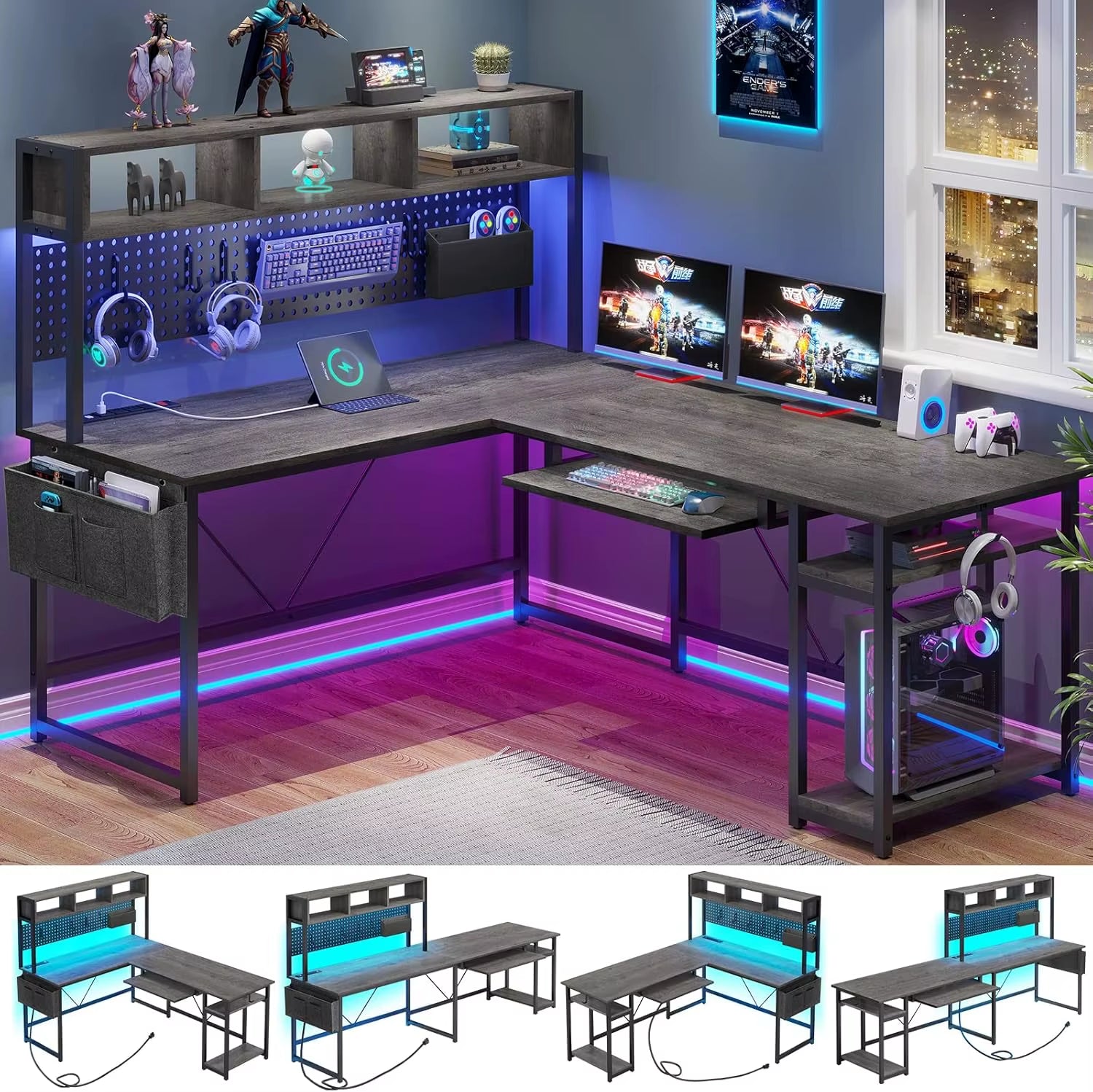 67" L-Shaped Gaming Desk with LED Lights & Power Outlet – Reversible Computer Corner Desk with Pegboard Storage for Home Office & Gaming Setup