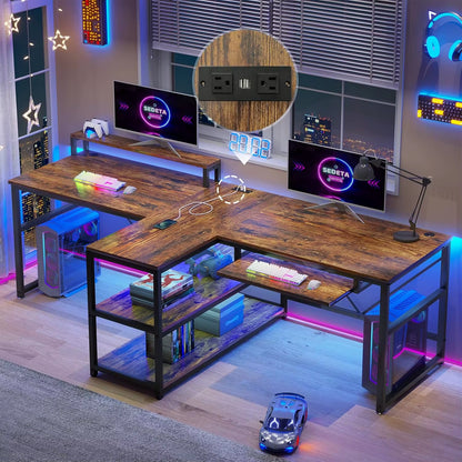 94.5" Twin Computer Gaming Desk with LED Lights, Storage & Keyboard Tray – Large Workstation Desk with Power Strip