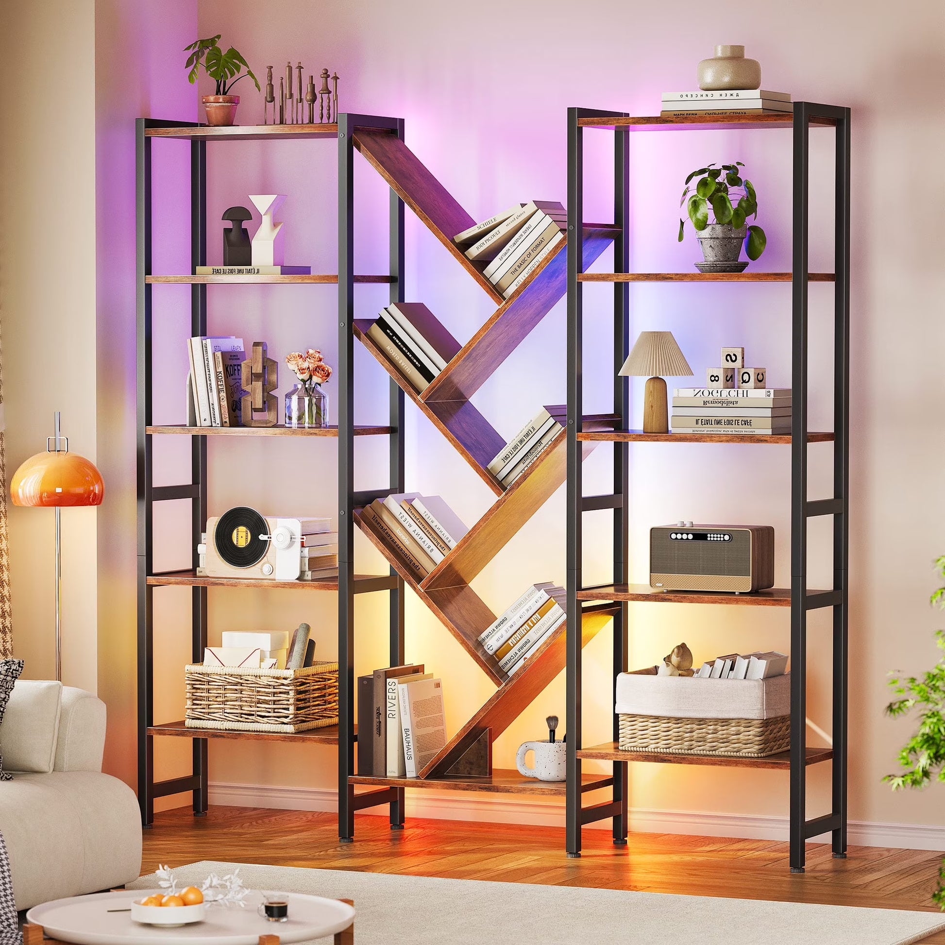 Triple Column 5-Tier Bookshelf with LED Lighting – Large 17 Open Shelf Storage Bookcase, Metal Frame Home Organizer