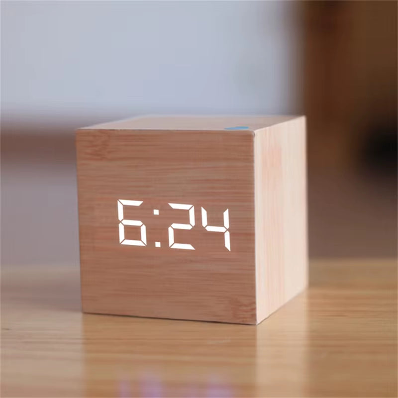 Smart Wood LED Alarm Clock – Voice Activated Digital Desk Clock with Snooze, Bright Display & Modern Minimalist Design