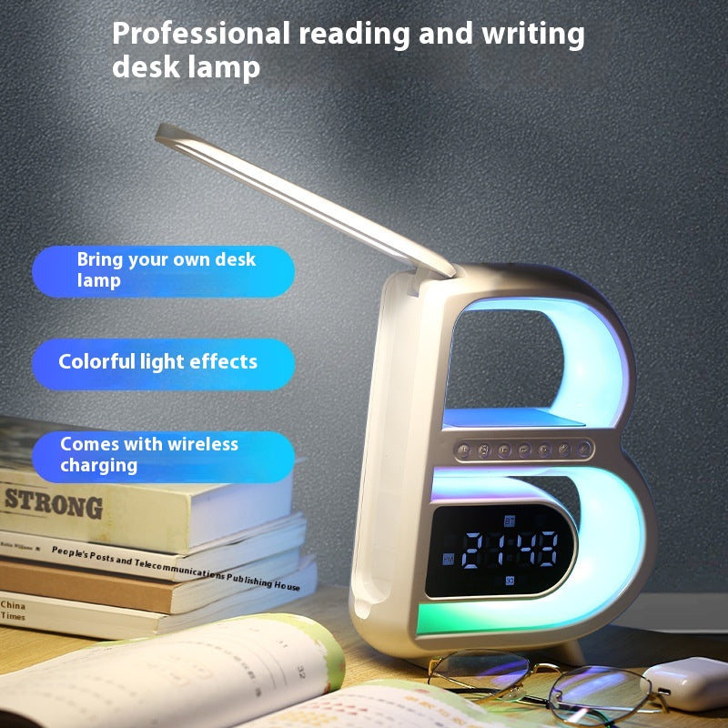 RGB Bluetooth Speaker Lamp with Wireless Charging – B-Shaped Smart LED Music Rhythm Light, Alarm Clock, TF Card & AUX Bedside Table Lamp