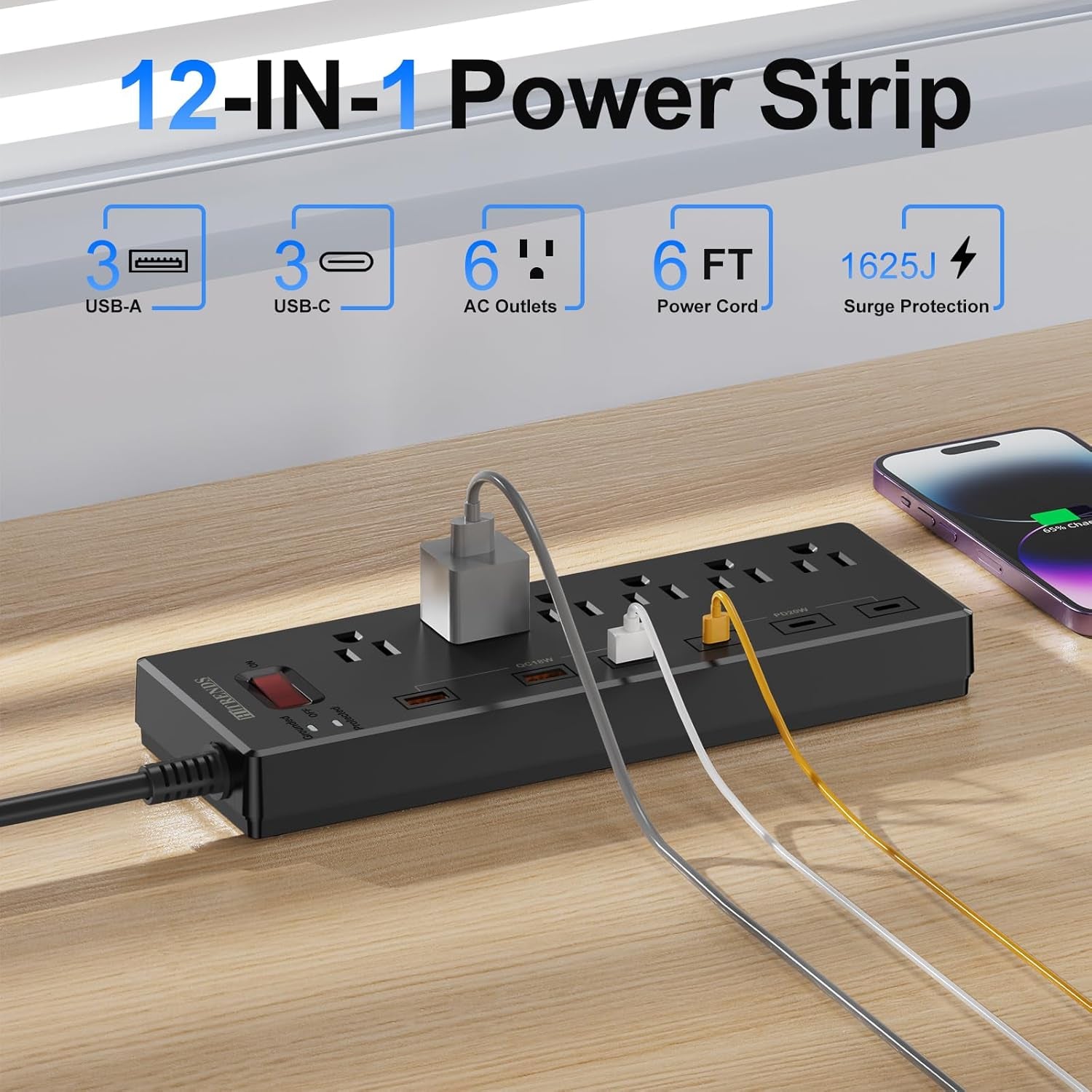 Surge Protector Power Strip – 6 AC Outlets, 6 USB Ports (USB-C + USB-A), 20W Fast Charging, 6FT Cord