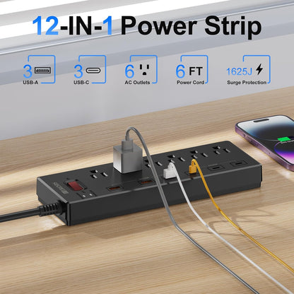 Surge Protector Power Strip – 6 AC Outlets, 6 USB Ports (USB-C + USB-A), 20W Fast Charging, 6FT Cord