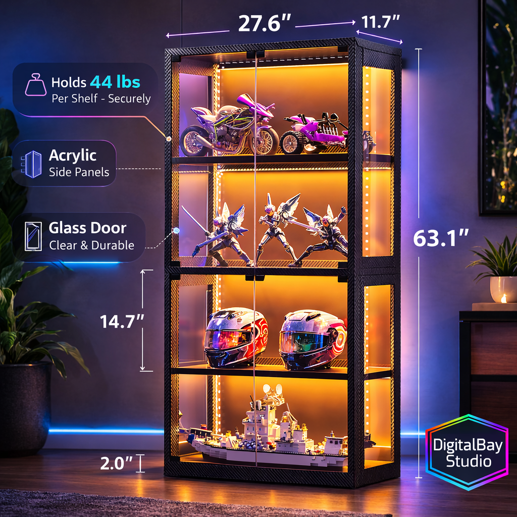 RGB LED Illuminated Display Cabinet - 4 Tier Glass Showcase For Collectibles,Figures, and Memorabilia | Modern Curio Storage Cabinet