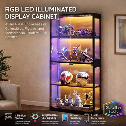 RGB LED Illuminated Display Cabinet - 4 Tier Glass Showcase For Collectibles,Figures, and Memorabilia | Modern Curio Storage Cabinet