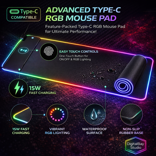 RGB LED Extended Gaming Mouse Pad with Wireless Charging – Large Illuminated Desk Mat for Keyboard & Mouse