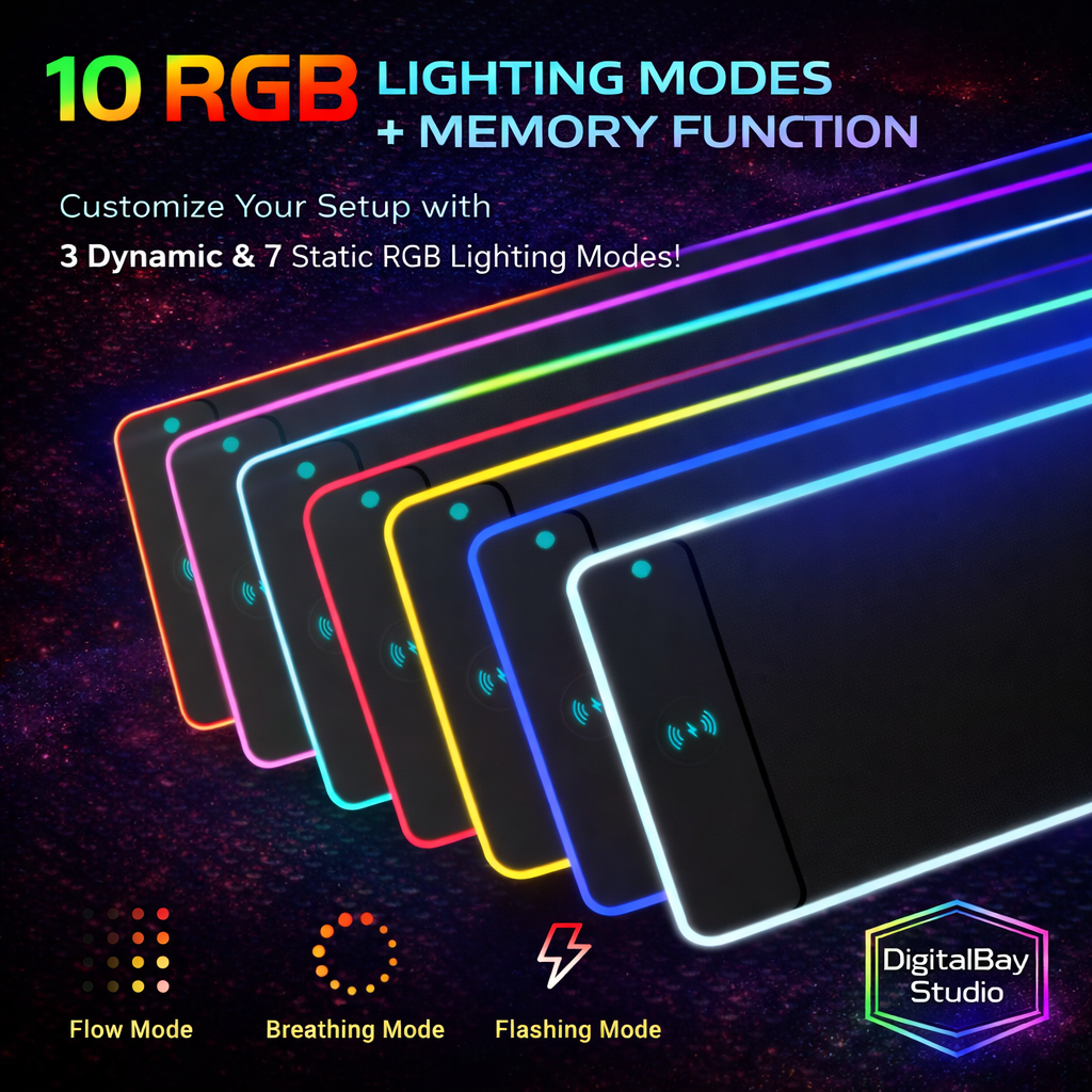 RGB LED Extended Gaming Mouse Pad with Wireless Charging – Large Illuminated Desk Mat for Keyboard & Mouse
