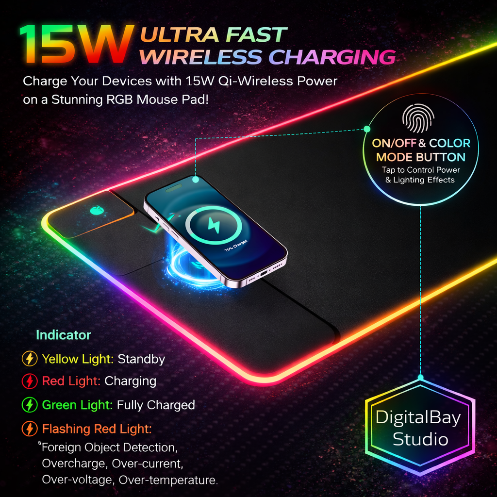 RGB LED Extended Gaming Mouse Pad with Wireless Charging – Large Illuminated Desk Mat for Keyboard & Mouse