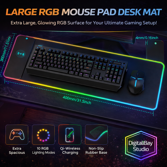 RGB LED Extended Gaming Mouse Pad with Wireless Charging – Large Illuminated Desk Mat for Keyboard & Mouse