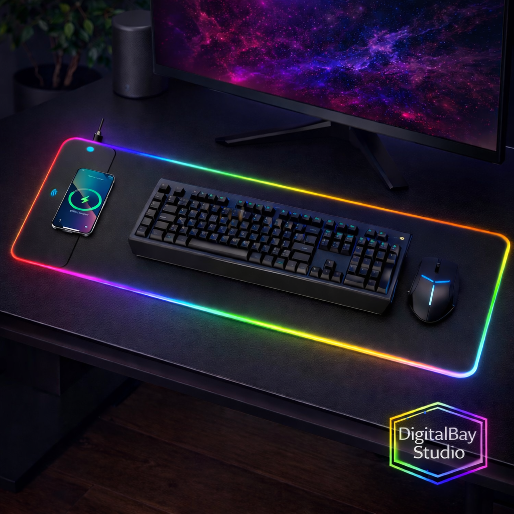 RGB LED Extended Gaming Mouse Pad with Wireless Charging – Large Illuminated Desk Mat for Keyboard & Mouse