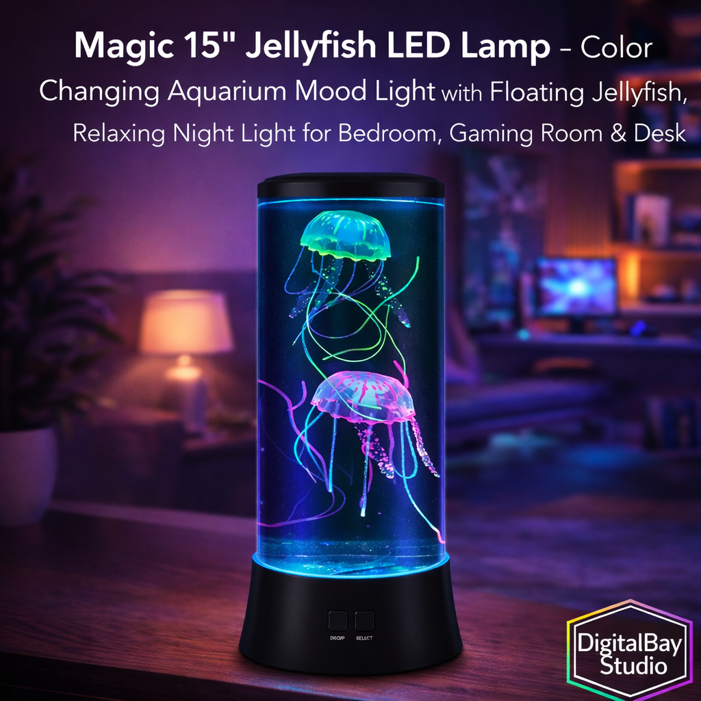 Magic 15" Jellyfish LED Lamp – Color Changing Aquarium Mood Light with Floating Jellyfish, Relaxing Night Light for Bedroom, Gaming Room & Desk
