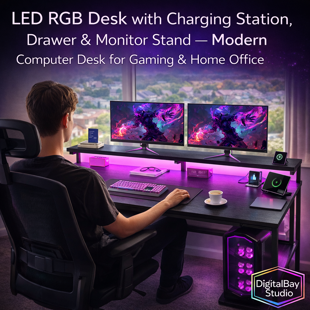 LED RGB Desk with Charging Station, Drawer & Monitor Stand – Modern Computer Desk for Gaming & Home Office