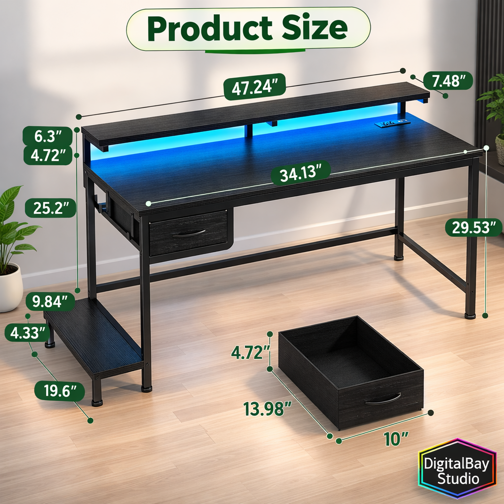 LED RGB Desk with Charging Station, Drawer & Monitor Stand – Modern Computer Desk for Gaming & Home Office