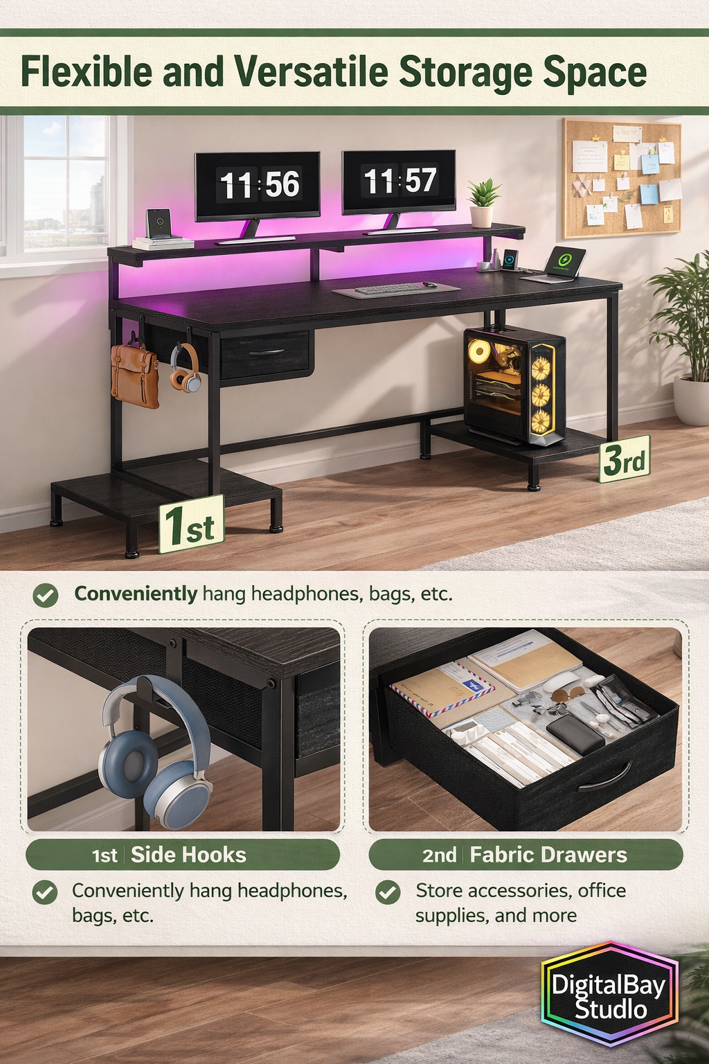 LED RGB Desk with Charging Station, Drawer & Monitor Stand – Modern Computer Desk for Gaming & Home Office