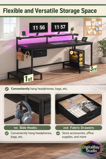 LED RGB Desk with Charging Station, Drawer & Monitor Stand – Modern Computer Desk for Gaming & Home Office