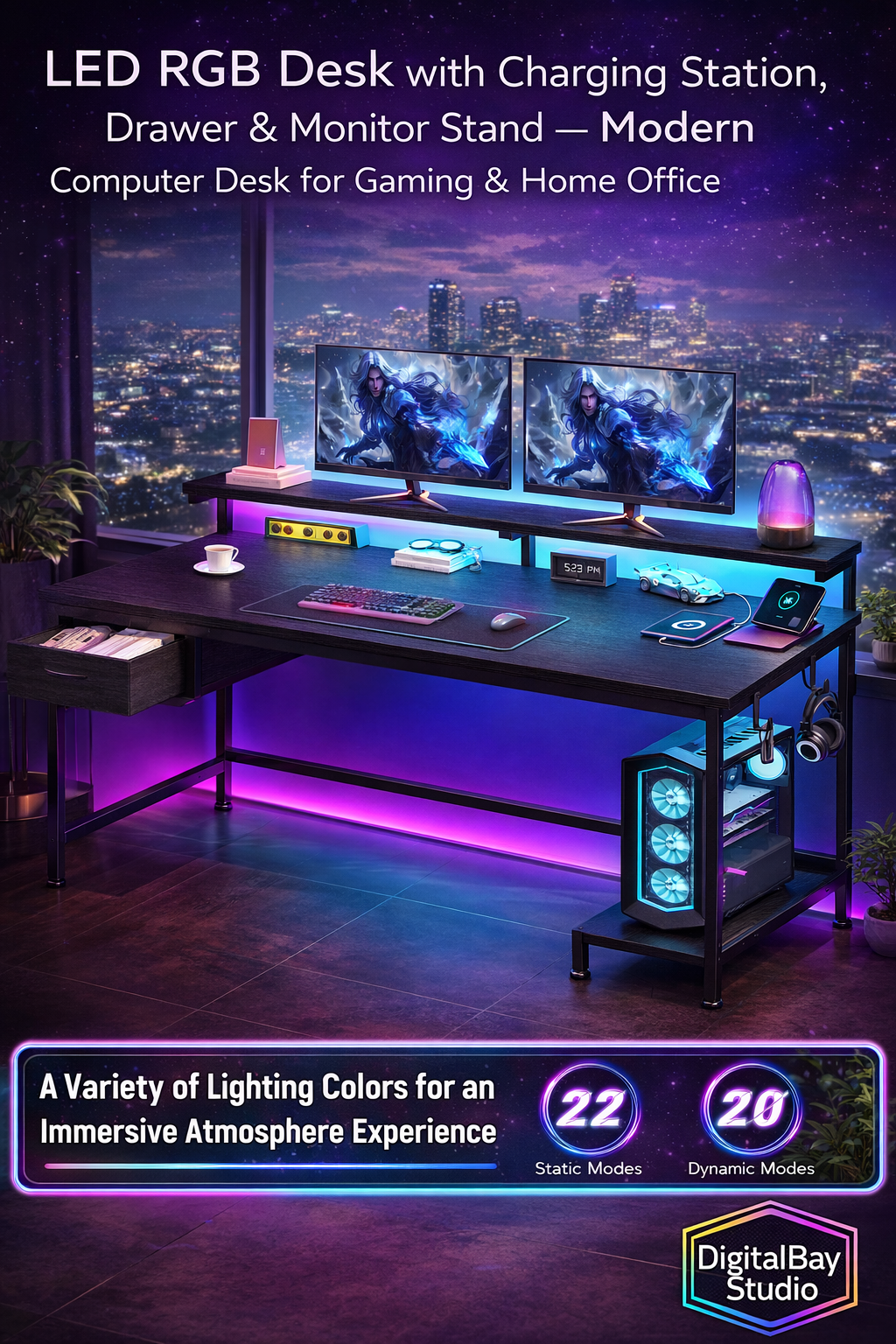 LED RGB Desk with Charging Station, Drawer & Monitor Stand – Modern Computer Desk for Gaming & Home Office