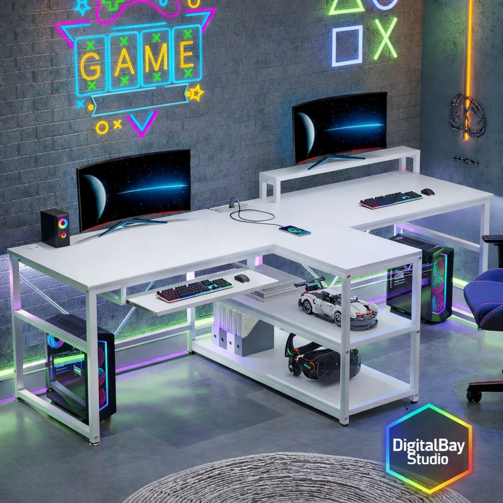 94.5" Twin Computer Gaming Desk with LED Lights, Storage & Keyboard Tray – Large Workstation Desk with Power Strip
