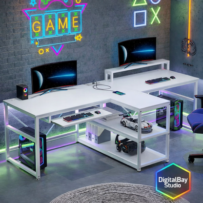 94.5" Twin Computer Gaming Desk with LED Lights, Storage & Keyboard Tray – Large Workstation Desk with Power Strip