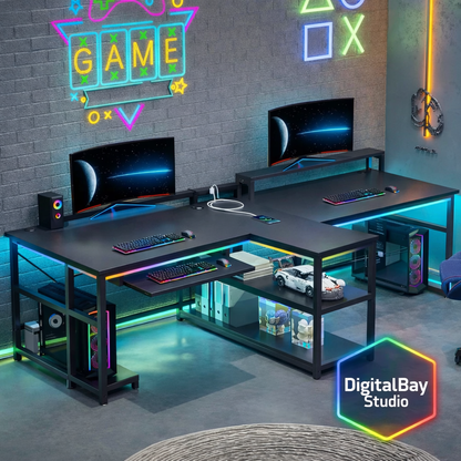 94.5" Twin Computer Gaming Desk with LED Lights, Storage & Keyboard Tray – Large Workstation Desk with Power Strip