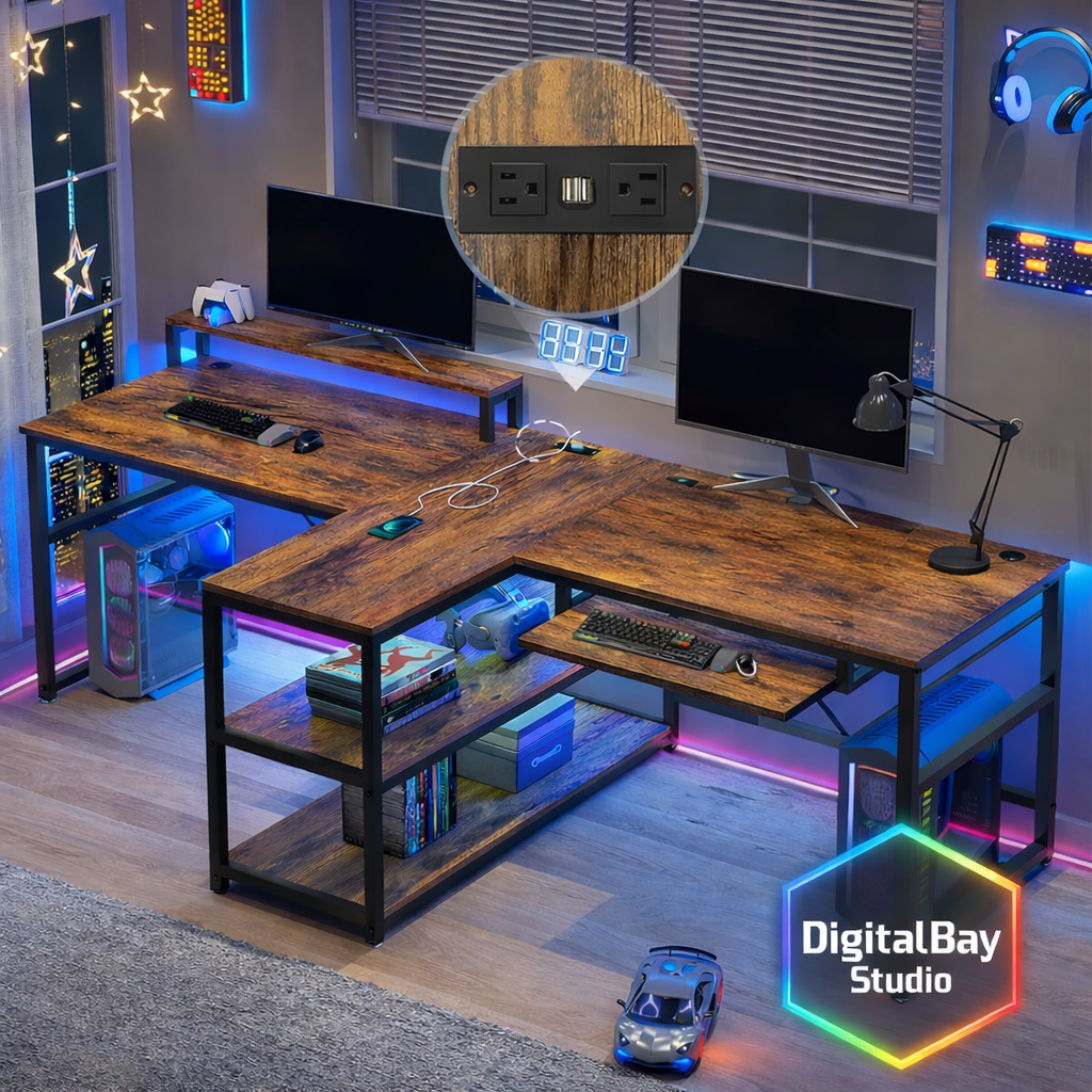 94.5" Twin Computer Gaming Desk with LED Lights, Storage & Keyboard Tray – Large Workstation Desk with Power Strip
