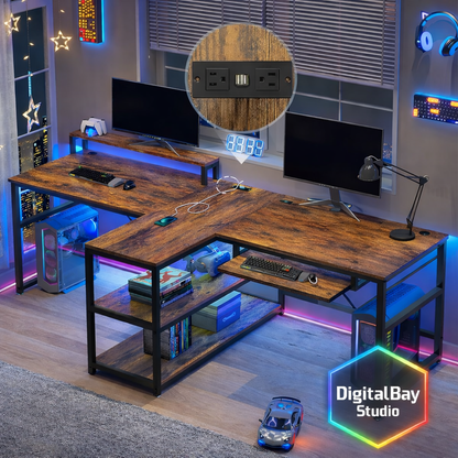 94.5" Twin Computer Gaming Desk with LED Lights, Storage & Keyboard Tray – Large Workstation Desk with Power Strip