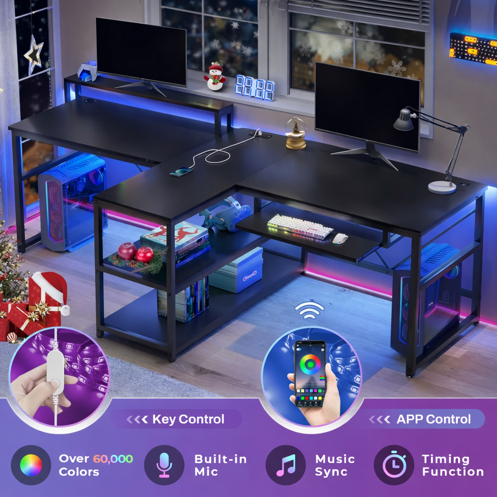 94.5" Twin Computer Gaming Desk with LED Lights, Storage & Keyboard Tray – Large Workstation Desk with Power Strip