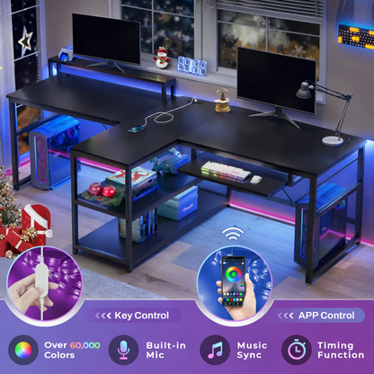 94.5" Twin Computer Gaming Desk with LED Lights, Storage & Keyboard Tray – Large Workstation Desk with Power Strip