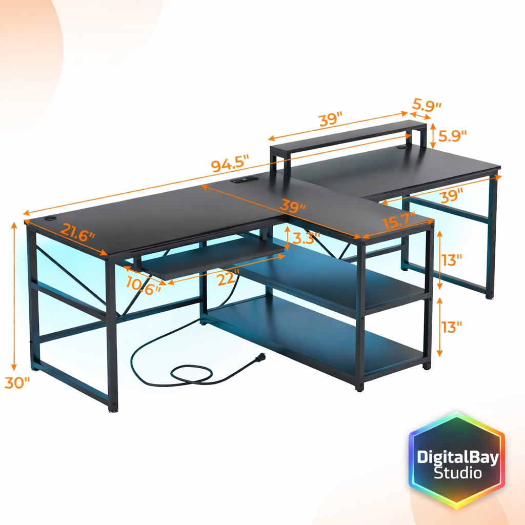 94.5" Twin Computer Gaming Desk with LED Lights, Storage & Keyboard Tray – Large Workstation Desk with Power Strip