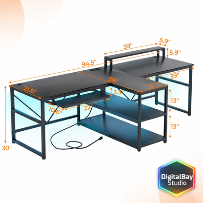 94.5" Twin Computer Gaming Desk with LED Lights, Storage & Keyboard Tray – Large Workstation Desk with Power Strip
