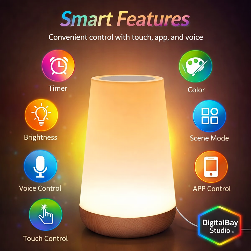 Smart WiFi RGB Touch Lamp – Dimmable LED Desk & Bedside Light with App Control, Compatible with Alexa & Google Home