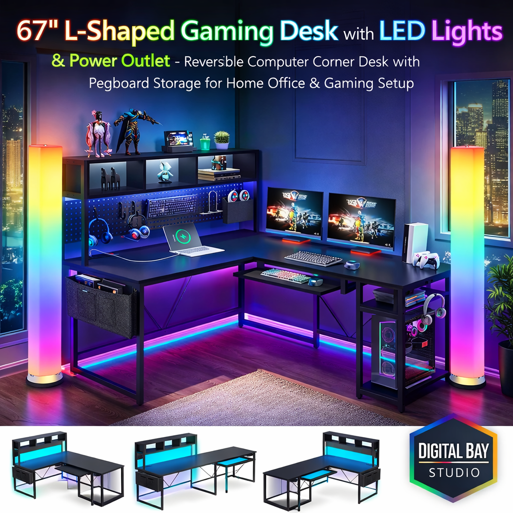 67" L-Shaped Gaming Desk with LED Lights & Power Outlet – Reversible Computer Corner Desk with Pegboard Storage for Home Office & Gaming Setup