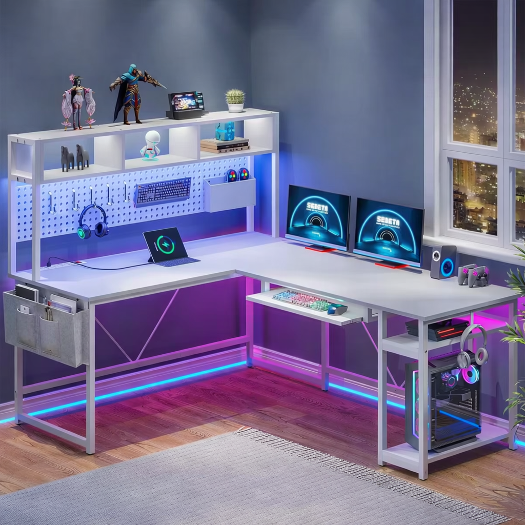 67" L-Shaped Gaming Desk with LED Lights & Power Outlet – Reversible Computer Corner Desk with Pegboard Storage for Home Office & Gaming Setup
