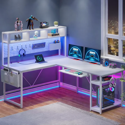 67" L-Shaped Gaming Desk with LED Lights & Power Outlet – Reversible Computer Corner Desk with Pegboard Storage for Home Office & Gaming Setup