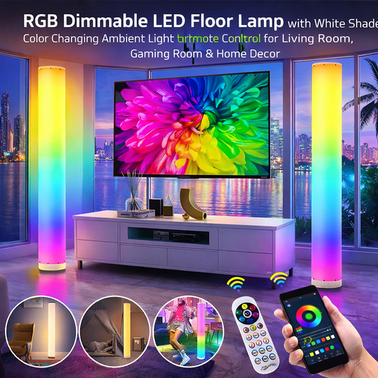RGB Dimmable LED Floor Lamp with White Shade, Color Changing Ambient Light with Remote Control for Living Room, Bedroom, Gaming Room & Home Decor