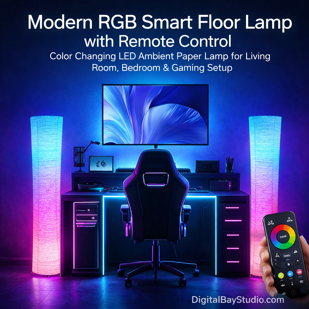 Modern RGB Smart Floor Lamp with Remote Control – Color Changing LED Ambient Paper Lamp for Living Room, Bedroom & Gaming Setup