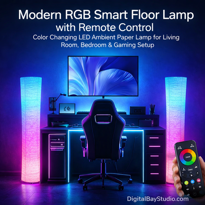 Modern RGB Smart Floor Lamp with Remote Control – Color Changing LED Ambient Paper Lamp for Living Room, Bedroom & Gaming Setup
