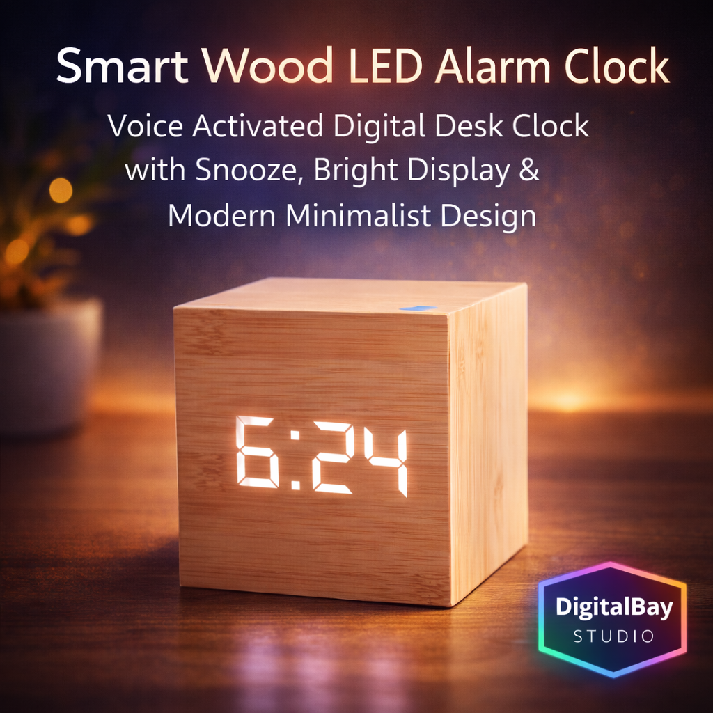 Smart Wood LED Alarm Clock – Voice Activated Digital Desk Clock with Snooze, Bright Display & Modern Minimalist Design