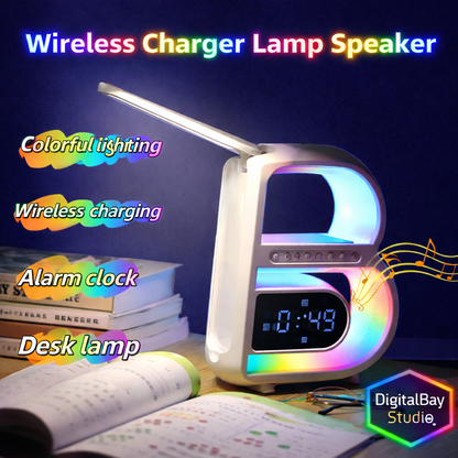 RGB Bluetooth Speaker Lamp with Wireless Charging – B-Shaped Smart LED Music Rhythm Light, Alarm Clock, TF Card & AUX Bedside Table Lamp