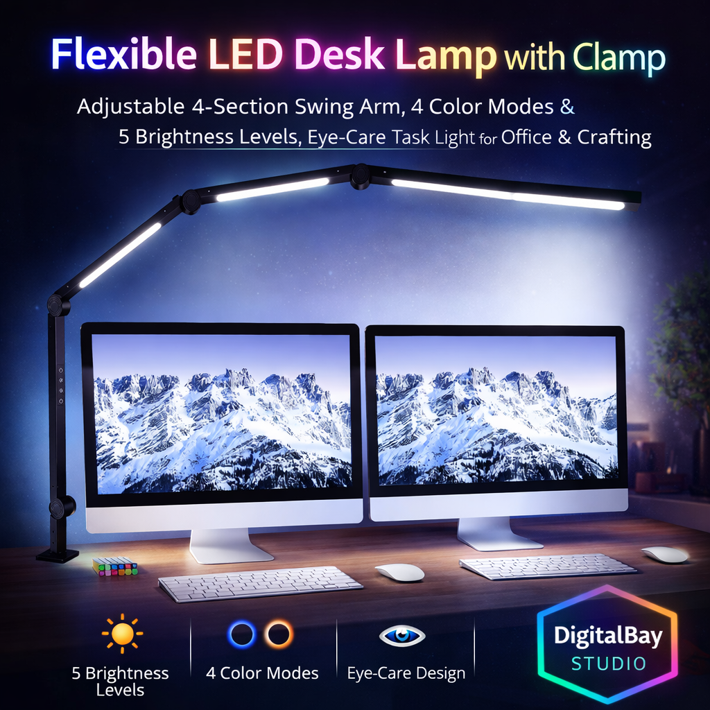 Flexible LED Desk Lamp with Clamp – Adjustable 4-Section Swing Arm, 4 Color Modes & 5 Brightness Levels, Eye-Care Task Light for Office, Reading & Crafting