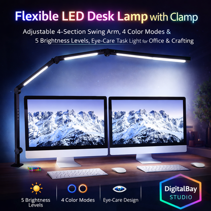 Flexible LED Desk Lamp with Clamp – Adjustable 4-Section Swing Arm, 4 Color Modes & 5 Brightness Levels, Eye-Care Task Light for Office, Reading & Crafting