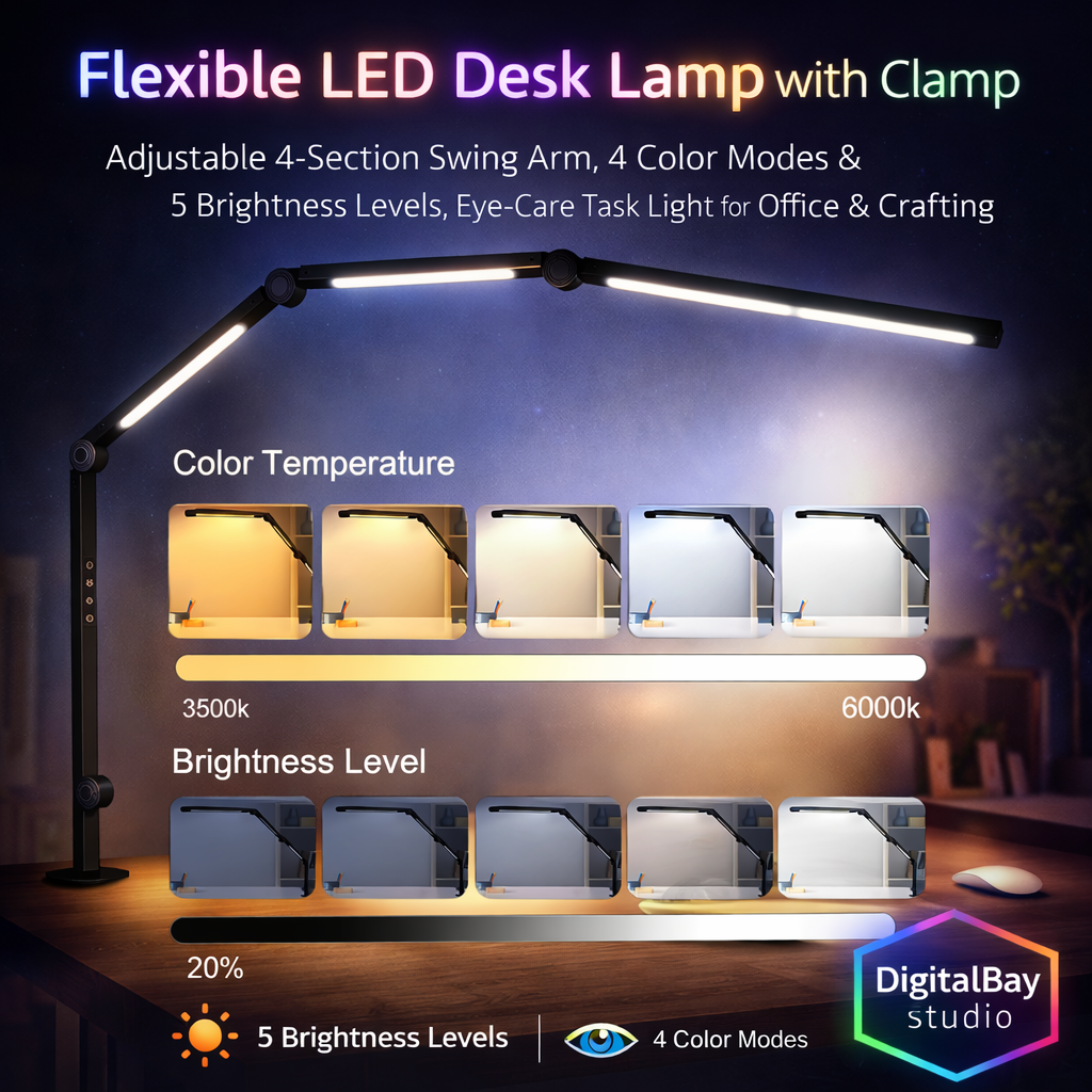 Flexible LED Desk Lamp with Clamp – Adjustable 4-Section Swing Arm, 4 Color Modes & 5 Brightness Levels, Eye-Care Task Light for Office, Reading & Crafting